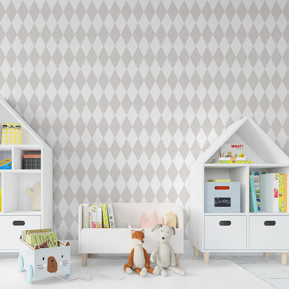 Kids-Mundo beige diamond pattern wall mural on a feature wall in a bright kids bedroom