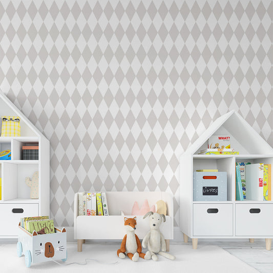 Kids-Mundo beige diamond pattern wall mural on a feature wall in a bright kids bedroom