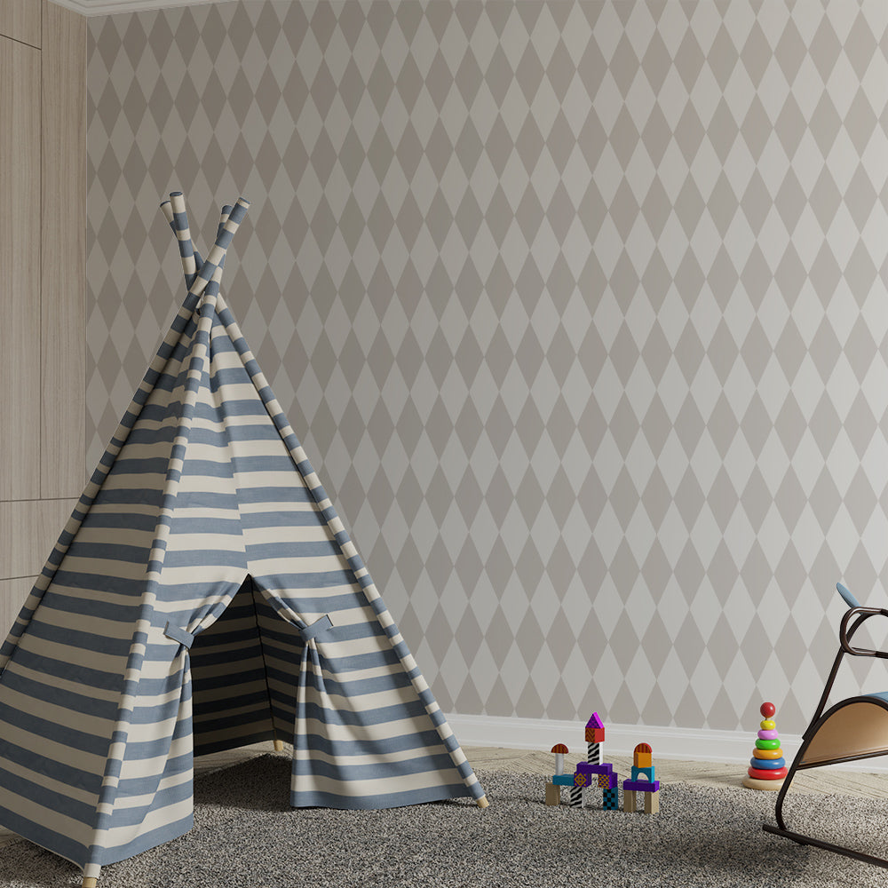 Kids-Mundo diamond pattern wall mural covering a wall in a tidy children's playroom