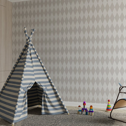 Kids-Mundo diamond pattern wall mural covering a wall in a tidy children's playroom