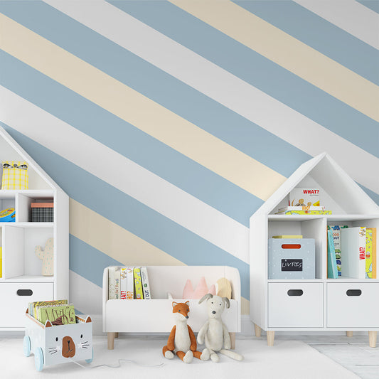 Kids-Mundo pastel striped wall mural styled in a calm, soft-toned kids bedroom