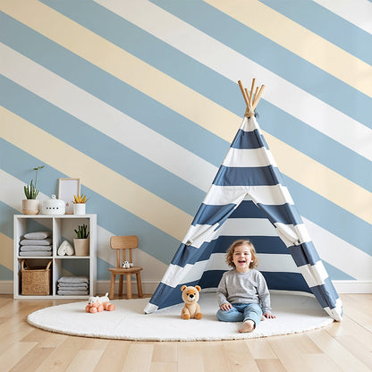 Kids-Mundo blue and cream striped wall mural in a light, airy nursery with white cot