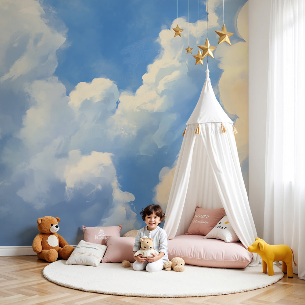 Kids-Mundo soft cloud wall mural styled in a calm pastel nursery with warm golden light.