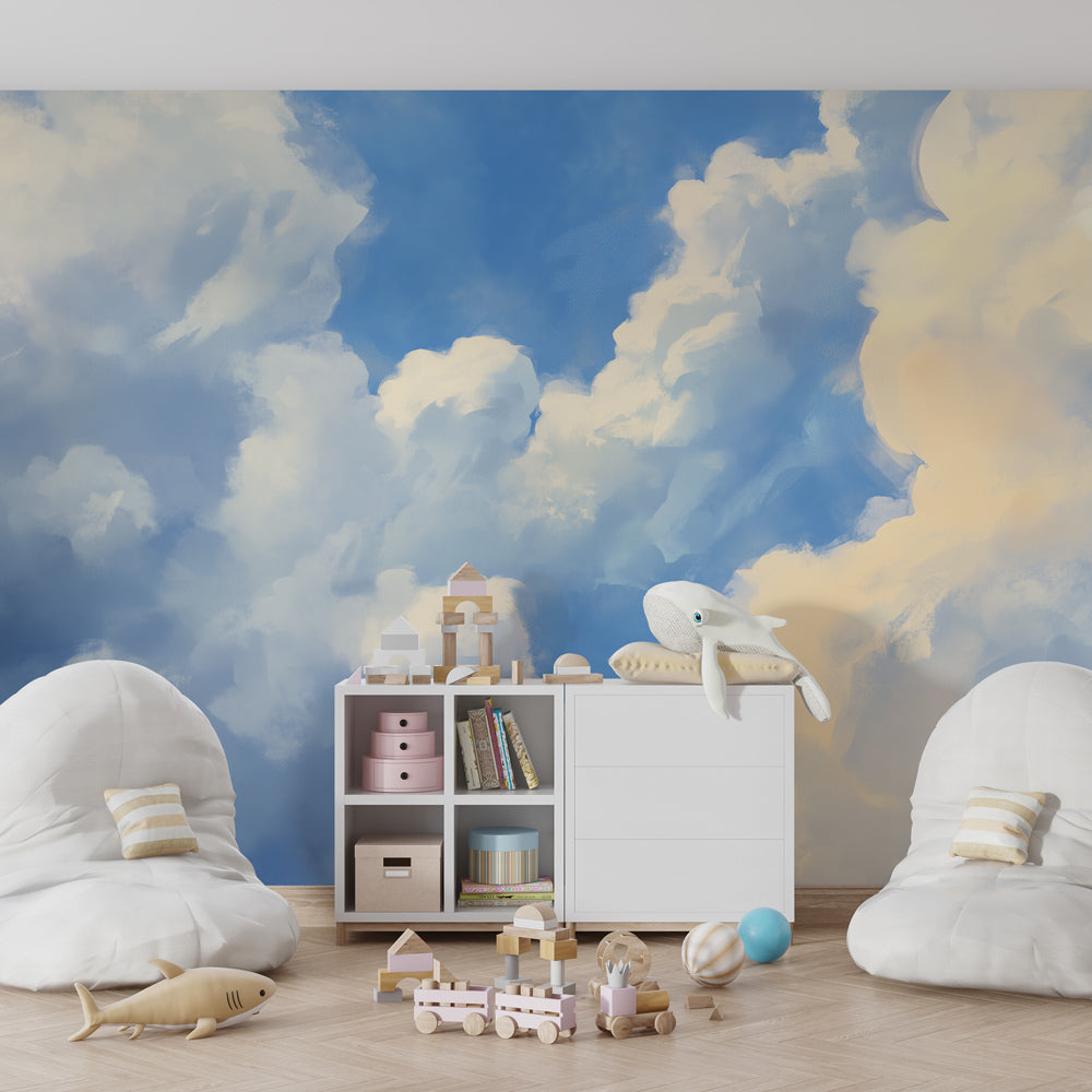 Kids-Mundo cloud sky wall mural bringing calm, airy colour to a bright children's playroom.