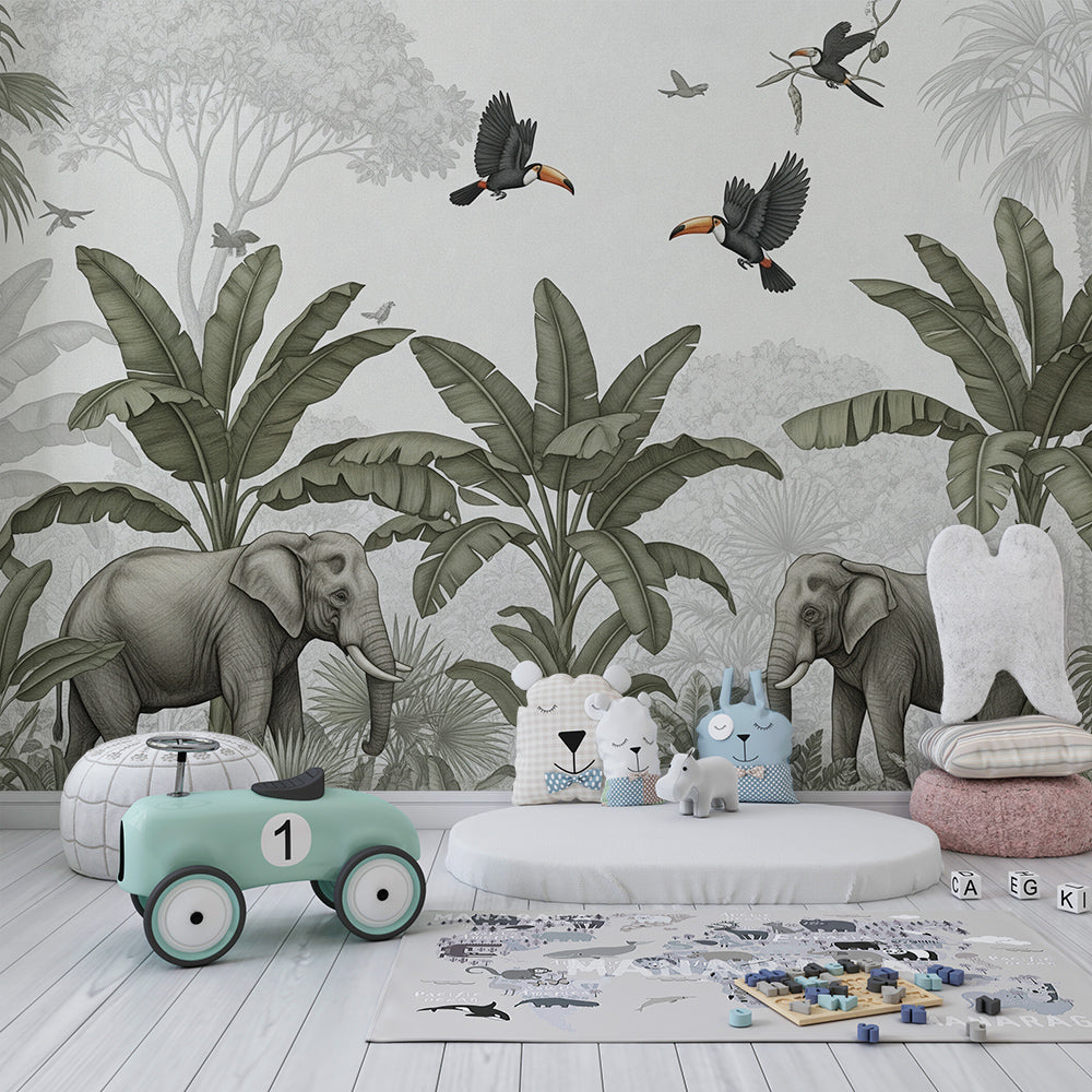 Kids-Mundo muted elephant and toucan mural shown on a kids bedroom wall