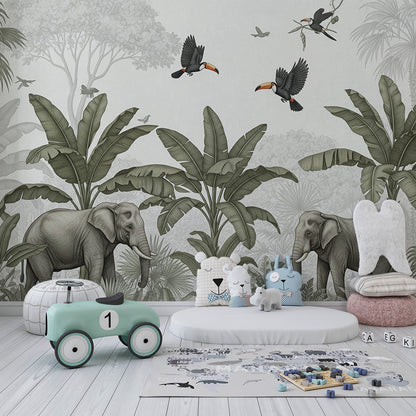Kids-Mundo muted elephant and toucan mural shown on a kids bedroom wall