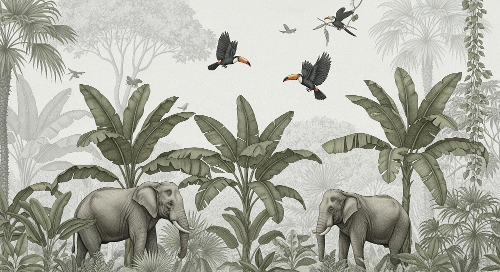 Muted Grey Elephants and Toucans Wall Mural
