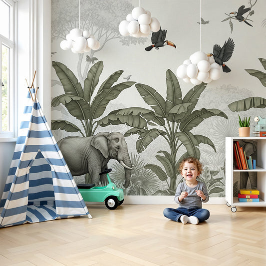 Kids-Mundo soft grey elephant wall mural with toucans in a calm nursery