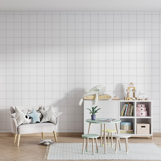 Kids-Mundo grey grid pattern wall mural on a feature wall behind a bed in a kids bedroom