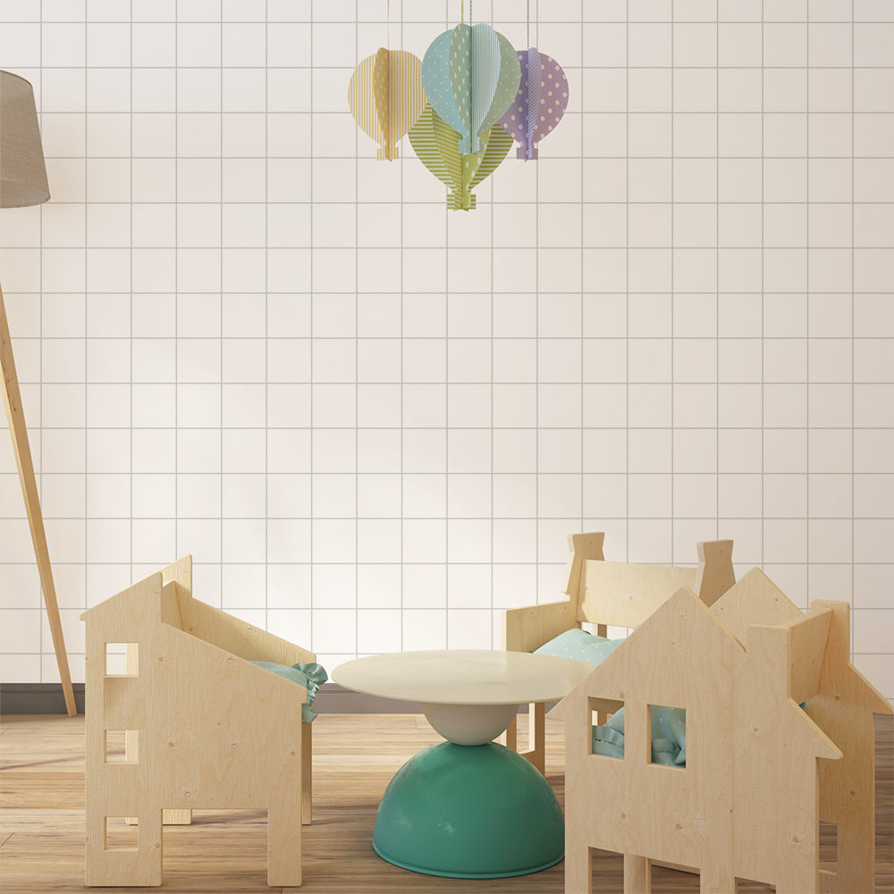 Kids-Mundo grid pattern wall mural covering a wall in a bright, organised children's playroom