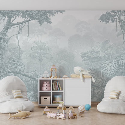 Kids-Mundo pale jungle vines wall mural as a soft feature wall in a kids bedroom