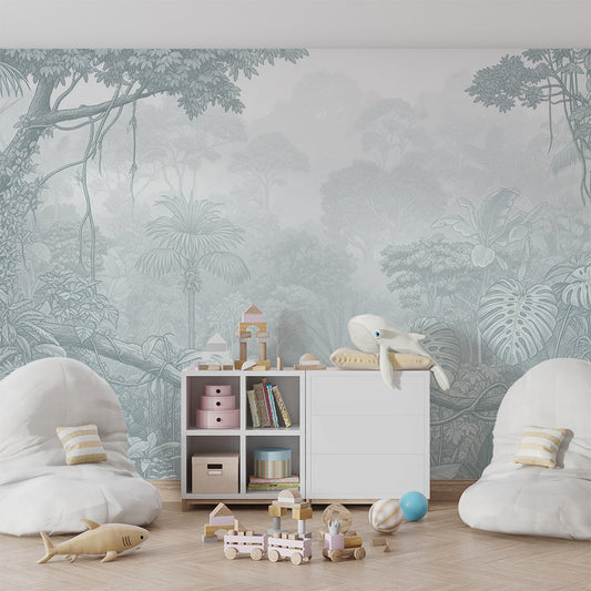 Kids-Mundo pale jungle vines wall mural as a soft feature wall in a kids bedroom
