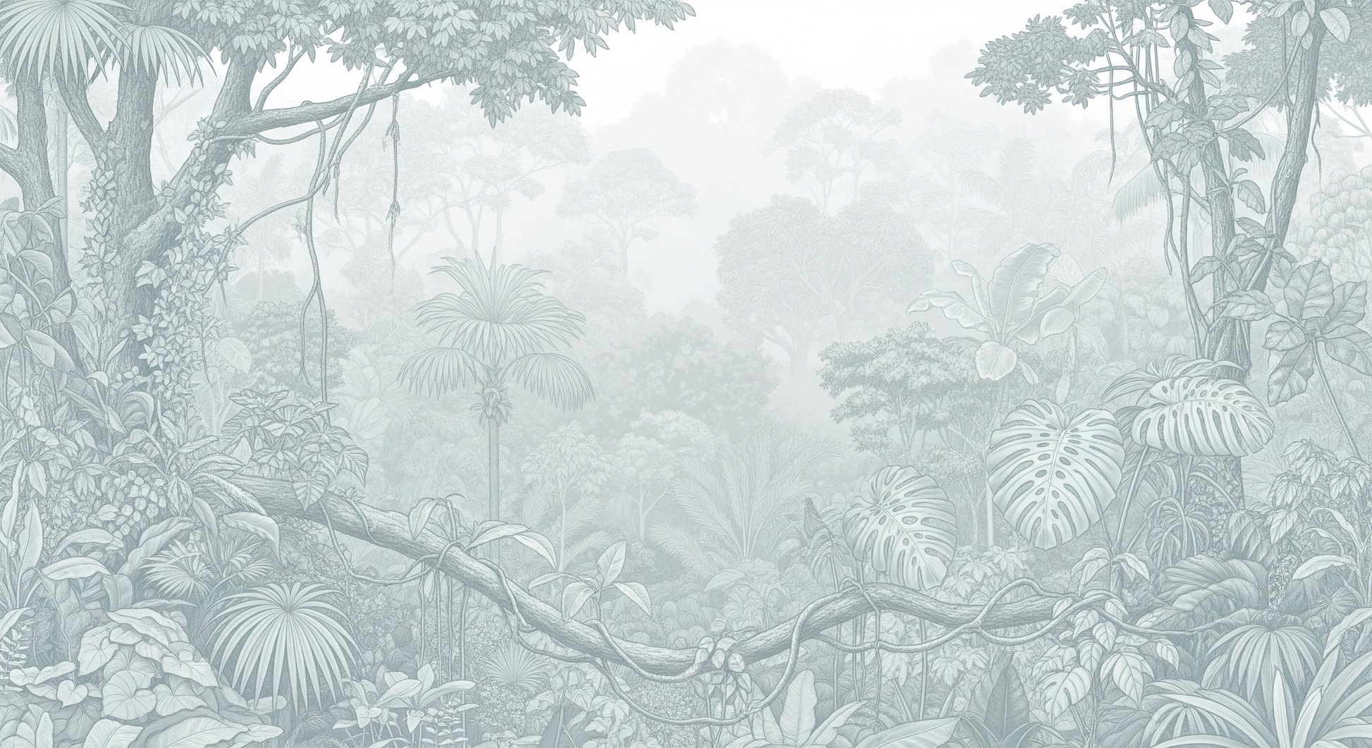 Kids-Mundo soft jungle artwork with pale trailing vines and faded monstera leaves