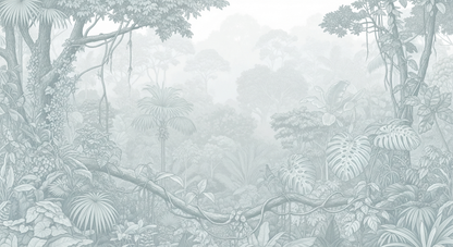 Kids-Mundo soft jungle artwork with pale trailing vines and faded monstera leaves