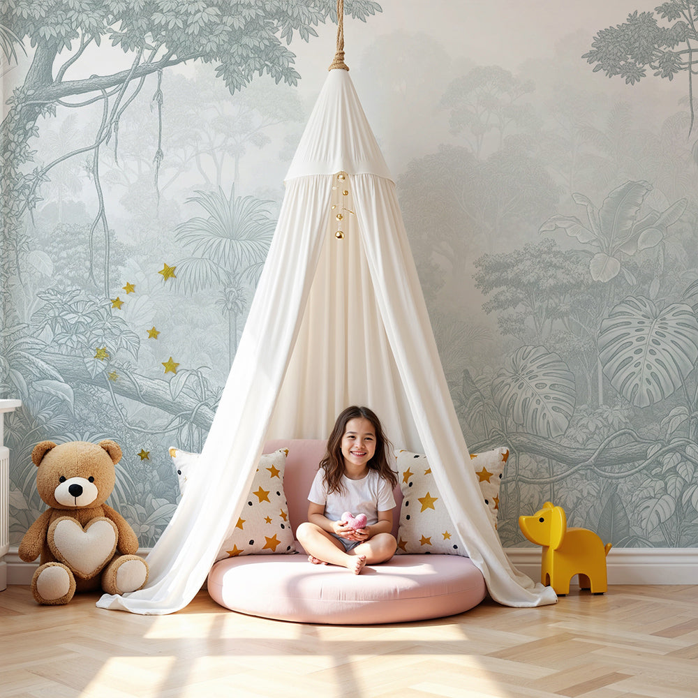 Kids-Mundo soft jungle vines wall mural behind a cot in a hushed, dreamy nursery