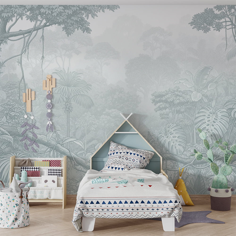 Kids-Mundo misty jungle vines wall mural bringing gentle calm to a children's playroom