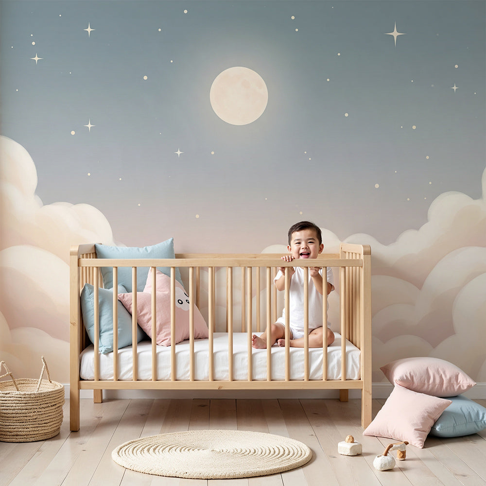 Starry sky wall mural by Kids-Mundo styled in a soft baby nursery room