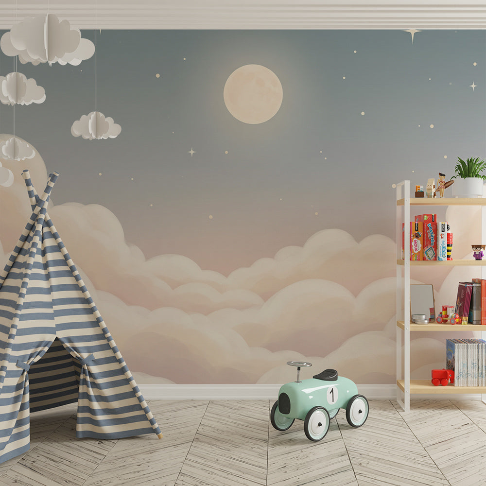 Pastel starry wall mural from Kids-Mundo brightening a calm children's playroom