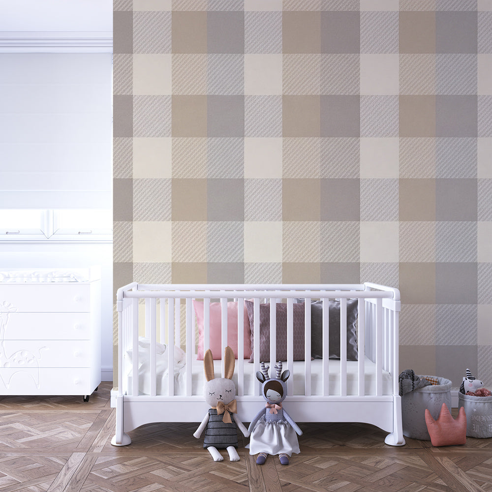 Kids-Mundo buffalo check wall mural styled in a cosy, calm kids bedroom setting