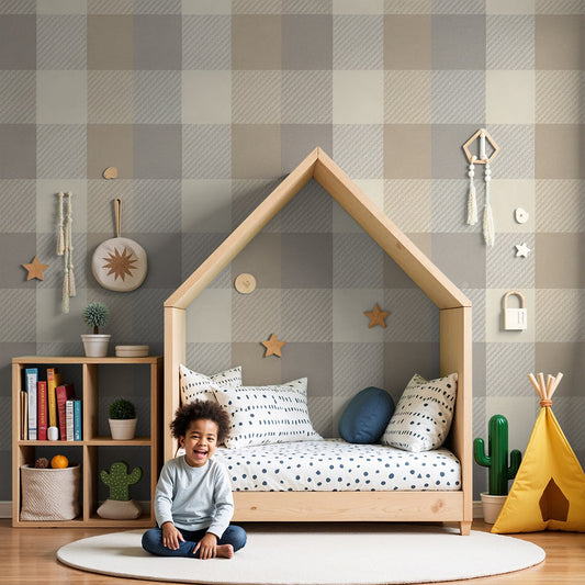 Kids-Mundo soft check wall mural in a warm neutral nursery with cream cot and rug