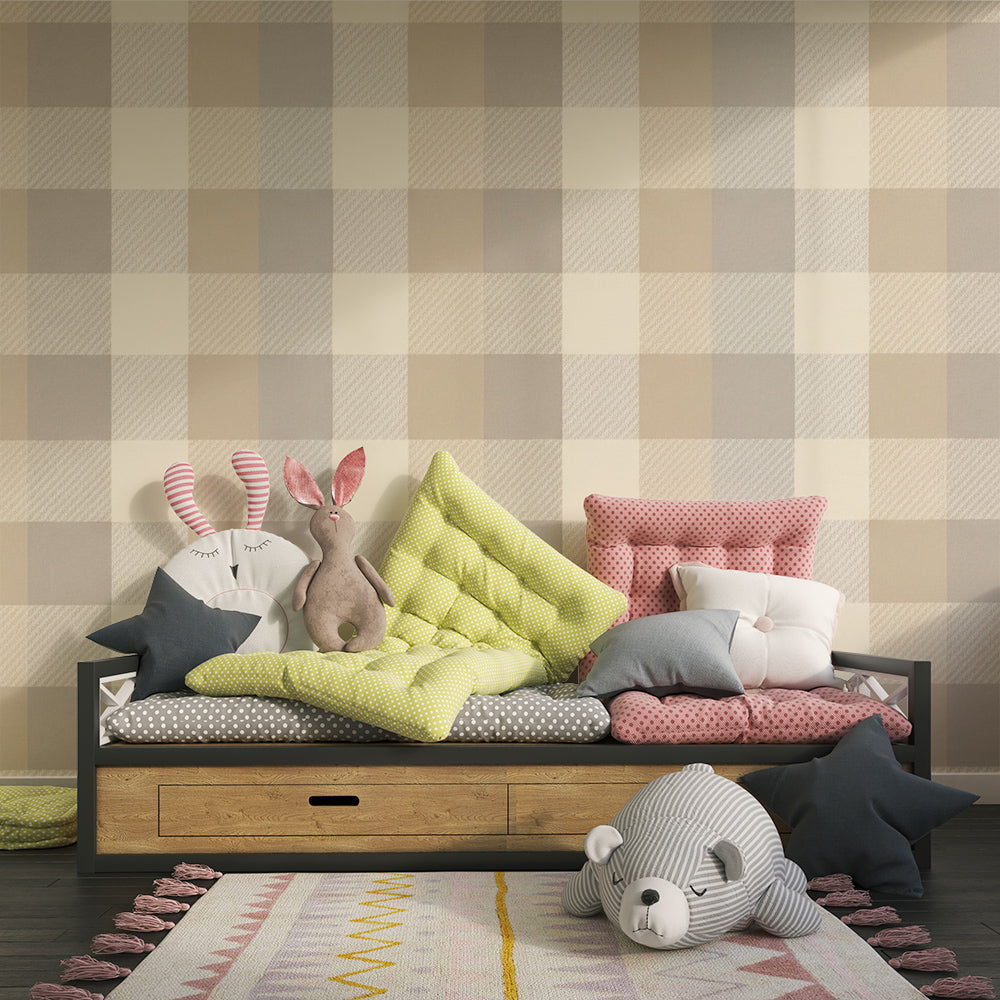 Kids-Mundo neutral check wall mural creating a warm backdrop in a bright playroom