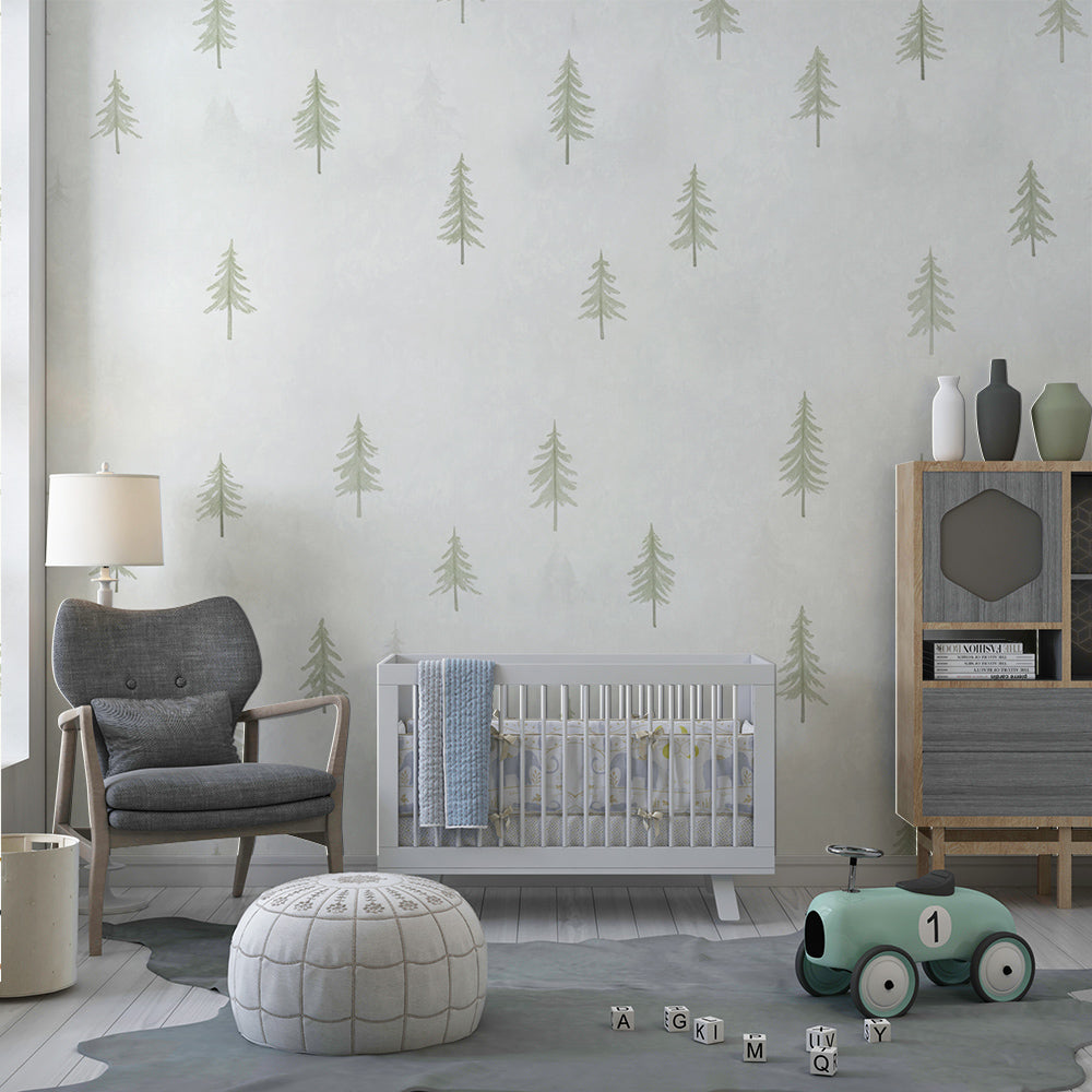 Kids-Mundo delicate pine tree mural covering a feature wall in a kids bedroom