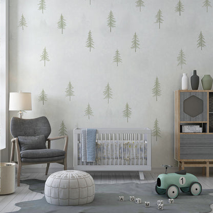 Kids-Mundo delicate pine tree mural covering a feature wall in a kids bedroom
