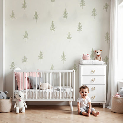 Kids-Mundo soft pine forest pattern wall mural styled above a cot in a nursery