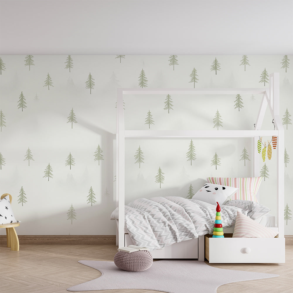 Kids-Mundo pine forest pattern wall mural set behind a reading corner in a playroom