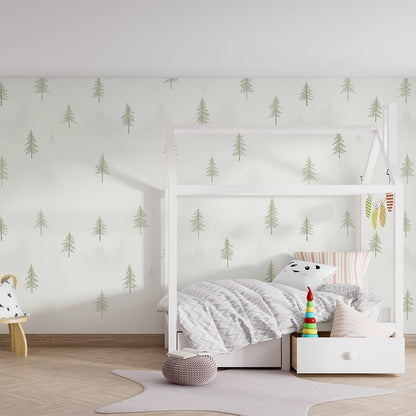 Kids-Mundo pine forest pattern wall mural set behind a reading corner in a playroom