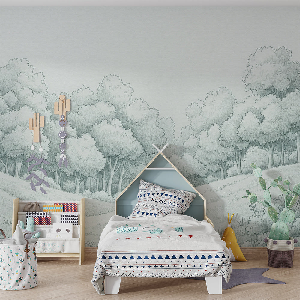 Kids-Mundo pale sage forest wall mural covering a feature wall in a calm kids bedroom