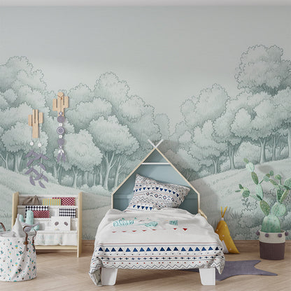 Kids-Mundo pale sage forest wall mural covering a feature wall in a calm kids bedroom