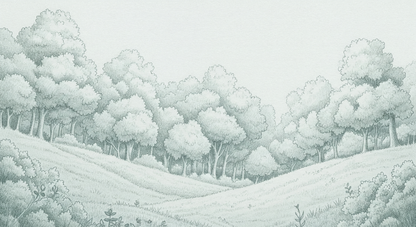 Kids-Mundo sage green forest artwork with delicate pencil-drawn trees and rolling hills