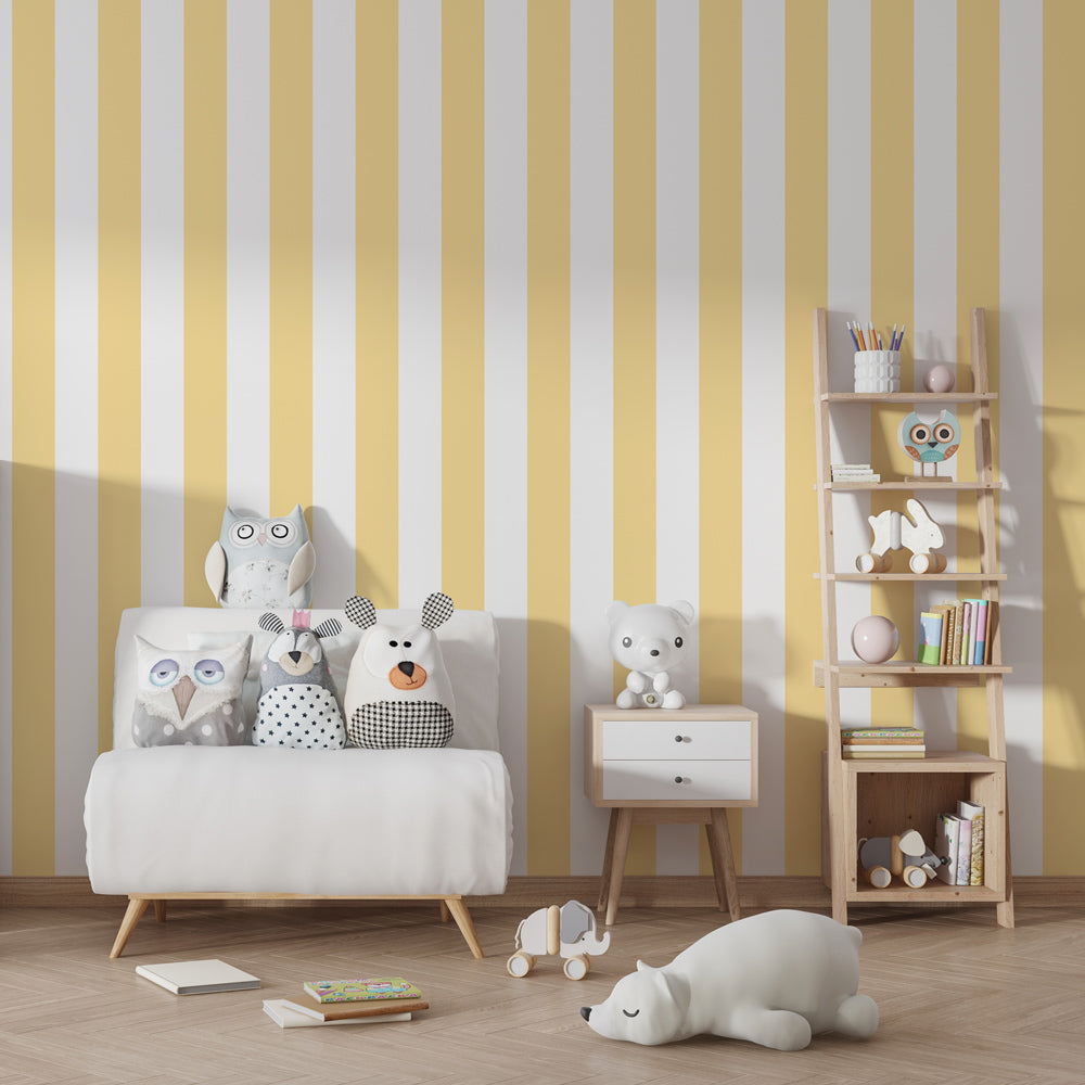 Kids-Mundo soft yellow stripe wall mural in a bright, simple kids' bedroom