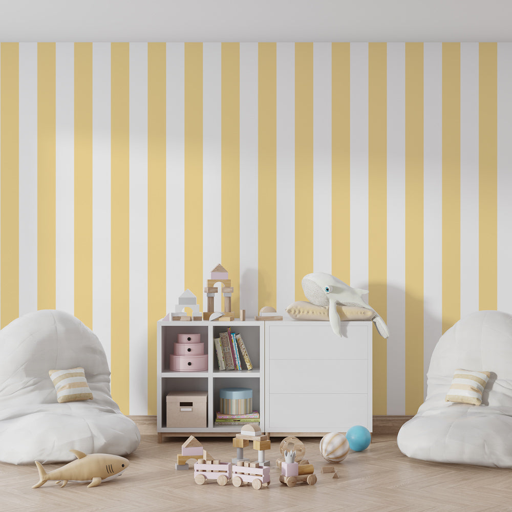 Kids-Mundo yellow stripe wall mural bringing warmth to a playroom wall