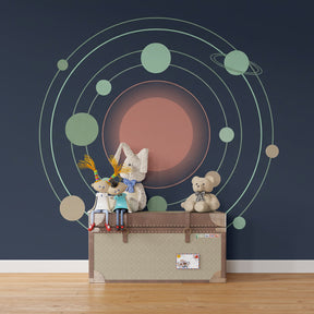 Space adventure wallpaper with planets and sun in contemporary children's bedroom decor