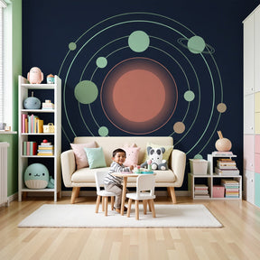 Solar system mural wallpaper creating educational space theme in modern kids nursery by Kids-Mundo