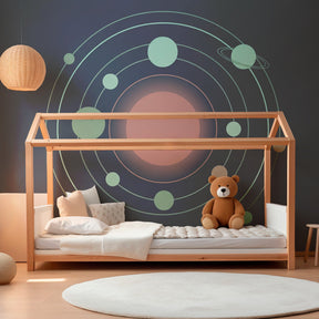 Planetary mural wallpaper inspiring cosmic learning in bright kids playroom setting