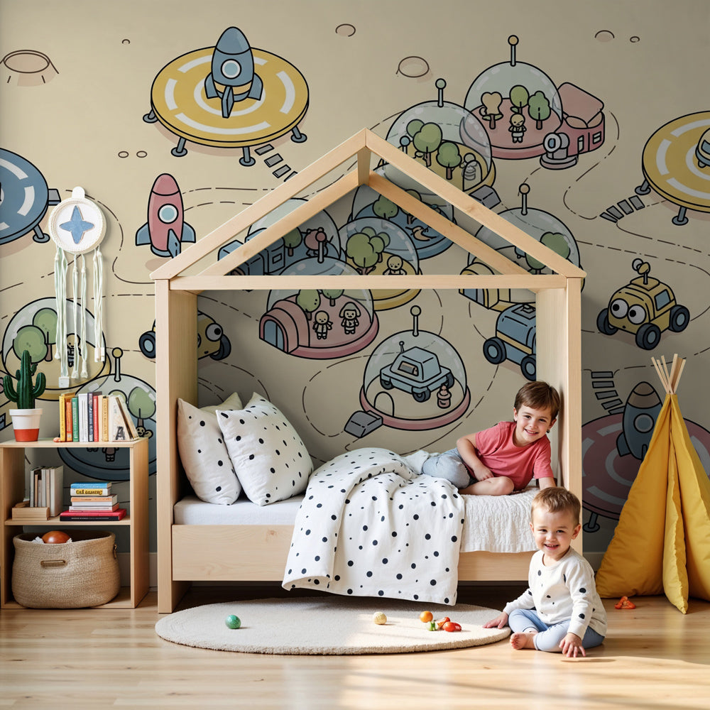 Space adventure mural wallpaper with colorful spaceships in modern kids bedroom by Kids-Mundo