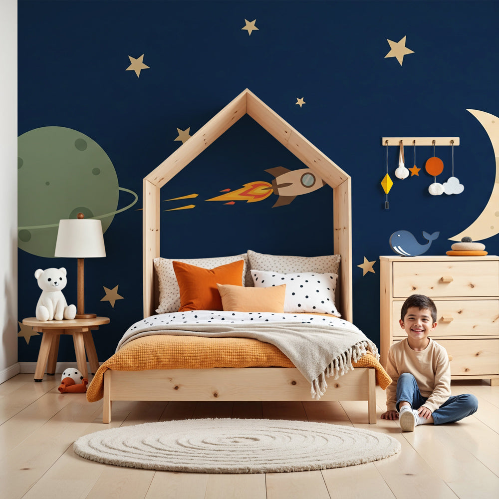 Space adventure rocket mural wallpaper in modern kids bedroom with blue cosmic design by Kids-Mundo