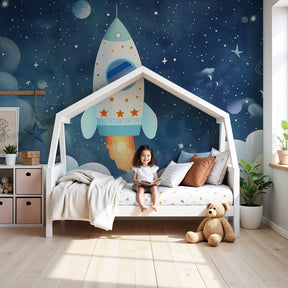 Space adventure mural wallpaper with colorful rockets in modern kids bedroom by Kids-Mundo