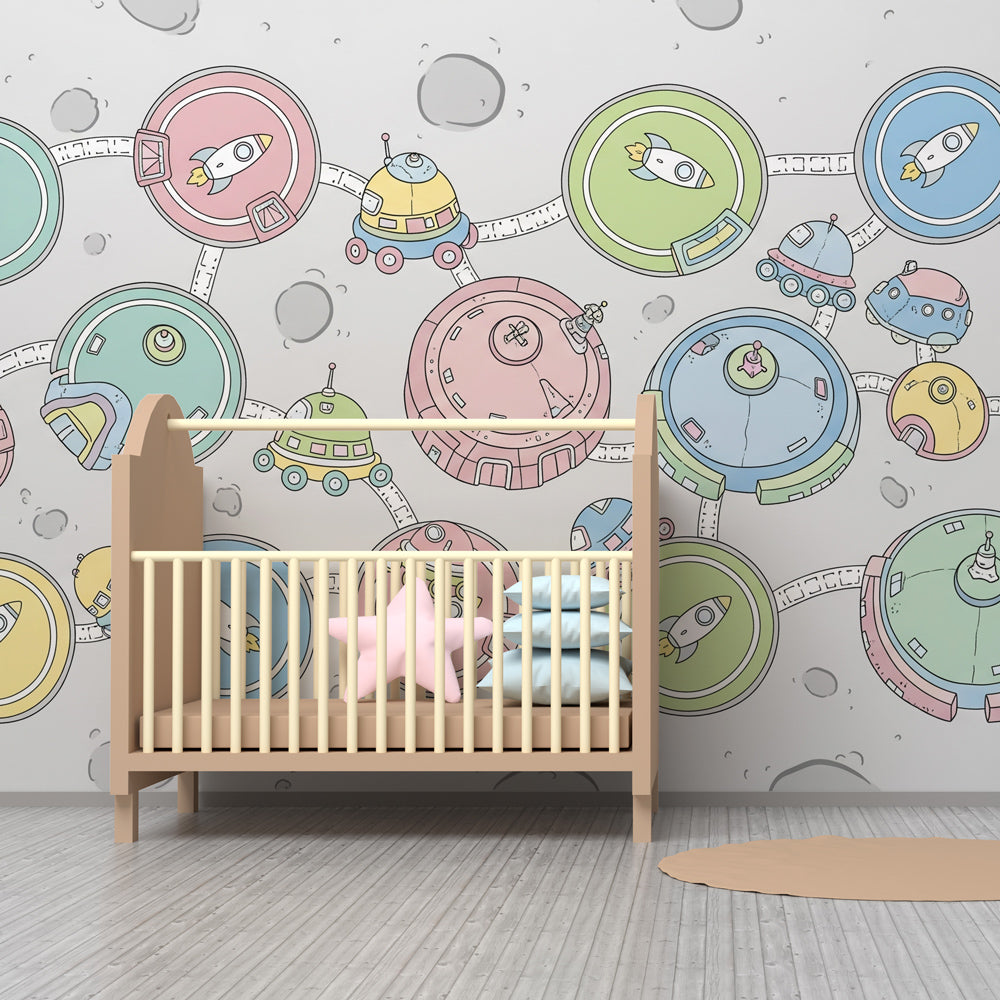 Moon exploration themed mural wallpaper creating cosmic kids bedroom decor with spaceships