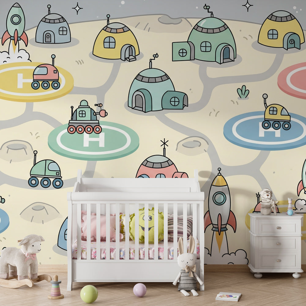 Moon station mural wallpaper creating cosmic atmosphere in children's bedroom decor