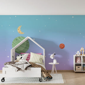 Colorful space rocket wallpaper creating cosmic themed children's bedroom decor with stars and planets