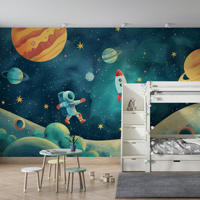 Astronaut rocket mural wallpaper creating cosmic themed children's bedroom decor