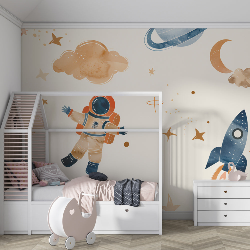 Gentle cosmic adventure wallpaper with beige tones for peaceful kids room by Kids-Mundo