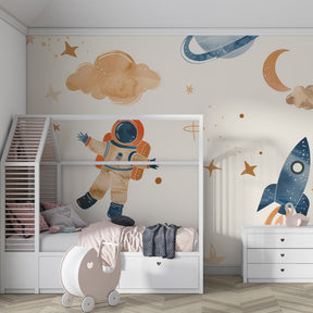 Gentle cosmic adventure wallpaper with beige tones for peaceful kids room by Kids-Mundo