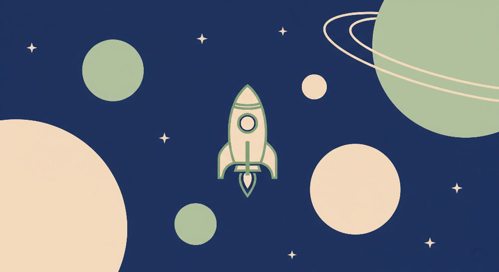 Detailed space adventure mural wallpaper design pattern with rocket and planets by Kids-Mundo