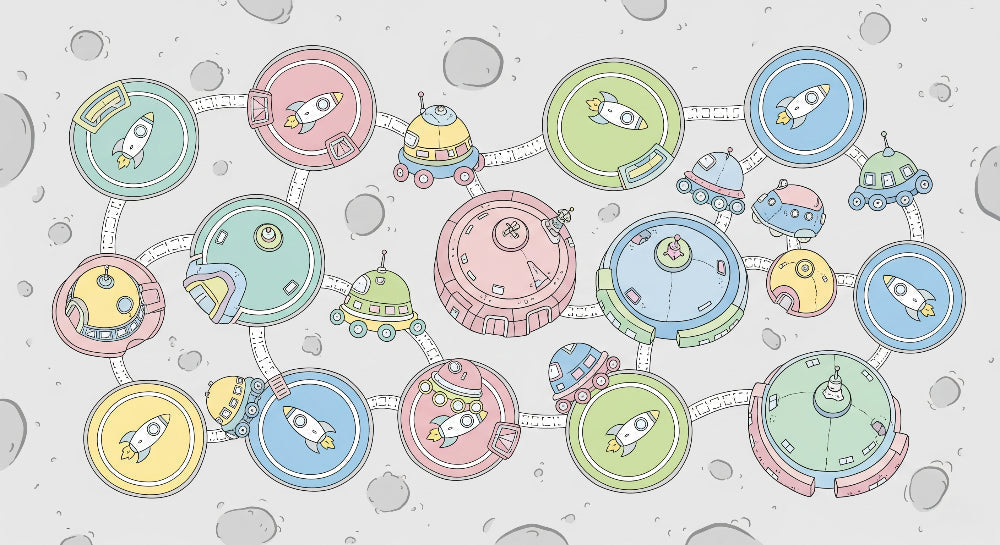 Detailed space adventure mural wallpaper design pattern with moon platforms and rockets by Kids-Mundo