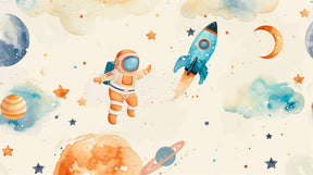Detailed space adventure mural wallpaper design pattern with astronauts and rockets by Kids-Mundo